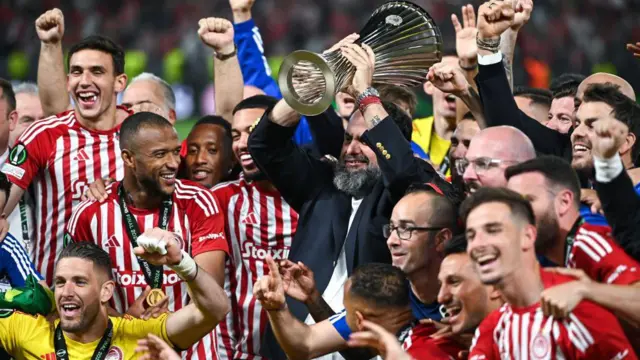 Nottingham Forest owner Evangelos Marinakis with the Europa Conference League trophy