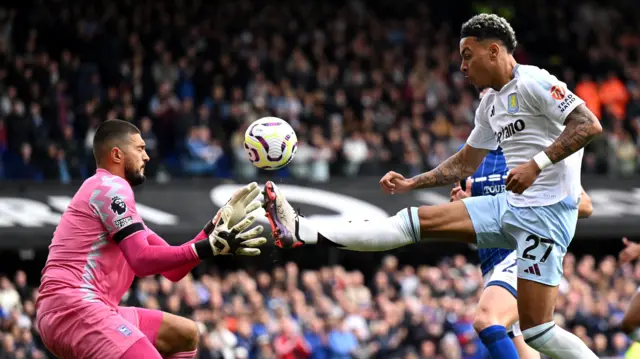 Morgan Rogers attempts to control a ball for Aston Villa against Ipswich Town