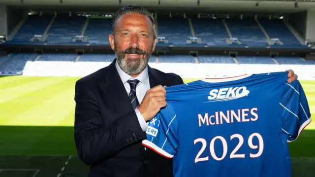 Derek McInnes is unveiled as the new manager of Rangers Football Club during a press conference at Ibrox Stadium, on June 24, 2026, in Glasgow, Scotland.