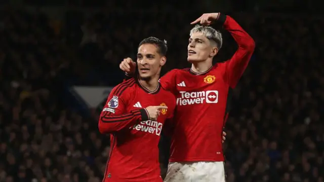 Antony celebrates scoring for Manchester United against Chelsea with Alejandro Garnacho
