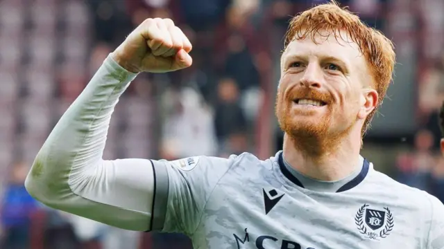 Dundee's Simon Murray and Ethan Ingram celebrate at fulltime during a William Hill Premiership match between Heart of Midlothian and Dundee at Tynecastle Park