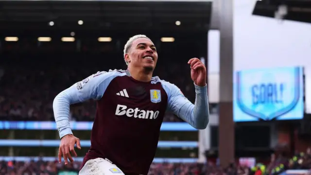 Morgan Rogers of Aston Villa celebrates scoring his team's second goal during the Premier League match between Aston Villa FC and Manchester City FC at Villa Park on December 21, 2024