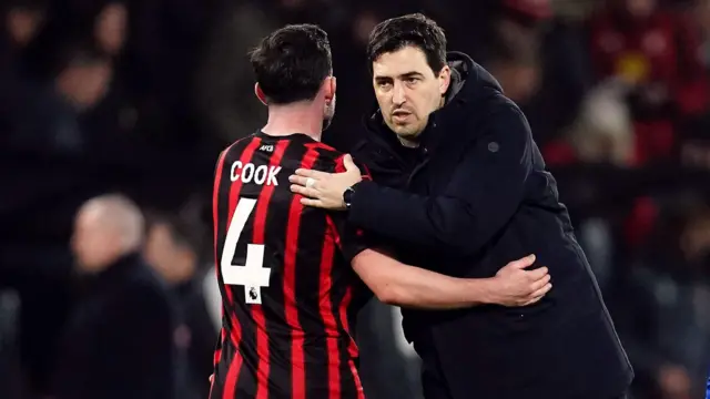 Bournemouth manager Andoni Iraola and Lewis Cook after the Emirates FA Cup fifth round match at the Vitality Stadium