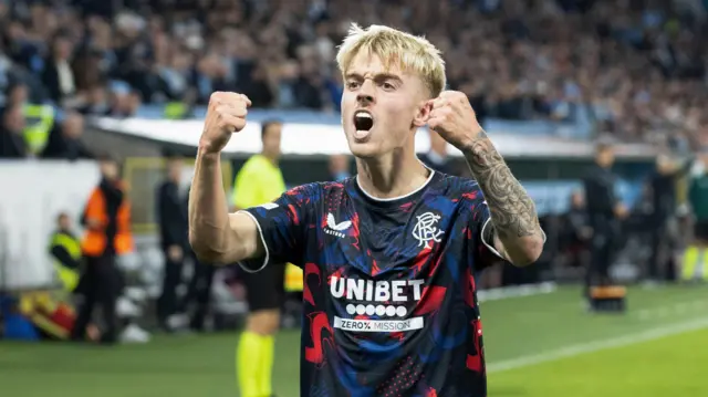 Rangers winger Ross McCausland celebrating a goal v Malmo