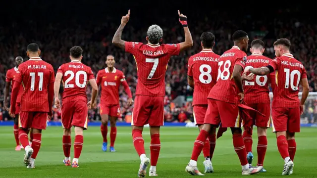 Luis Diaz of Liverpool scores Liverpool's opening goal during the Premier League match between Liverpool FC and Brentford FC 