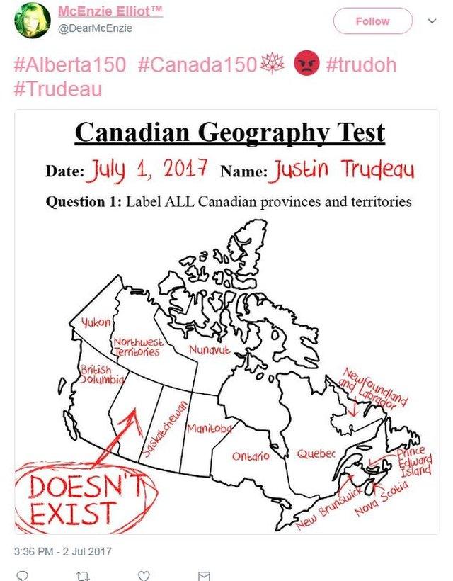 Several twitter users shared a map of Canada with "does not exist" where the Alberta label should be