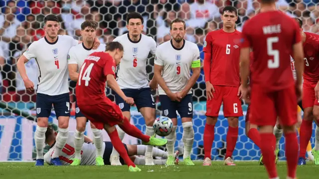 Mikkel Damsgaard scores for Denmark against England