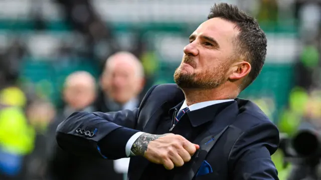 Rangers Interim Head Coach Barry Ferguson celebrates at full time during a William Hill Premiership match between Celtic and Rangers at Celtic Park