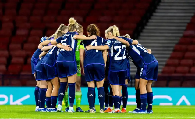 Scotland team Huddle during a UEFA Womens Nations League match between Scotland and The Netherlands at Hampden