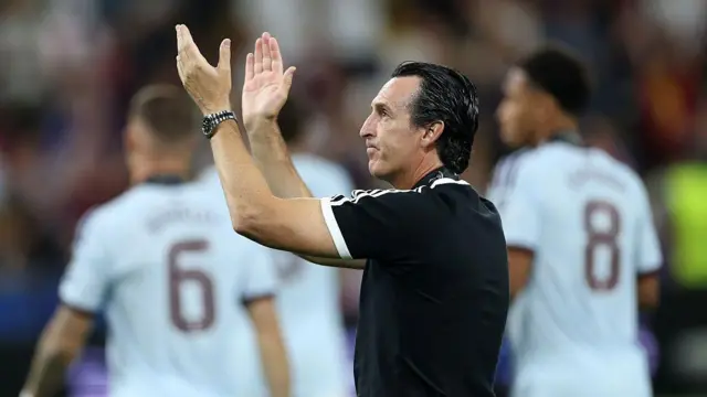 Unai Emery, Manager of Aston Villa, applauds the fans