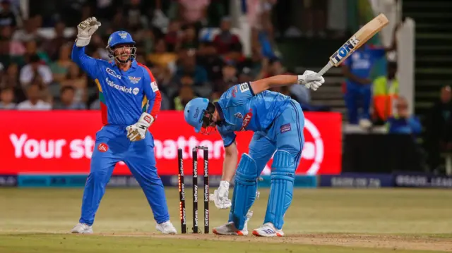 Will Jacks of Pretoria Capitals is bowled by Noor Ahmad of Durban's Super Giants