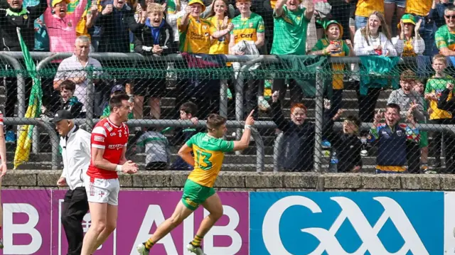Conor O'Donnell celebrates scoring Donegal's first goal in their victory over Louth at Ballybofey. 