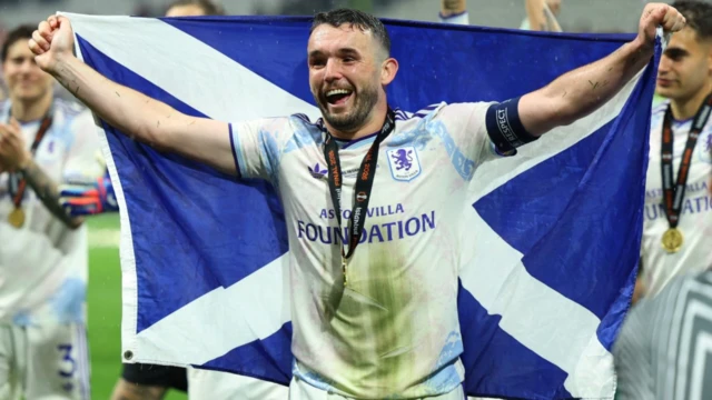 Aston Villa's John McGinn celebrates after winning the UEFA Europa League