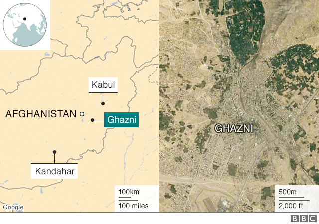 Map showing Ghazni, Kabul and Kandahar