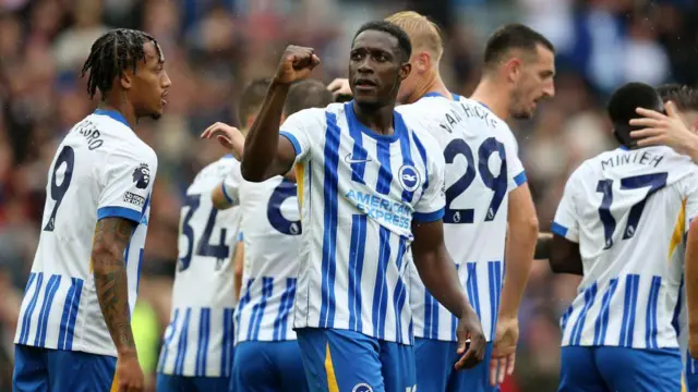 Danny Welbeck of Brighton & Hove Albion celebrates scoring against Manchester United