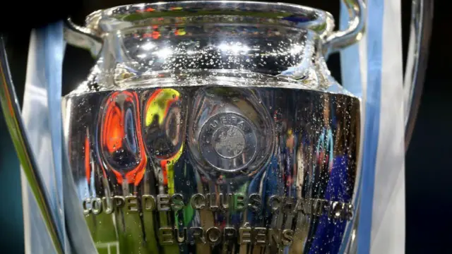 A general view of the UEFA Champions League trophy