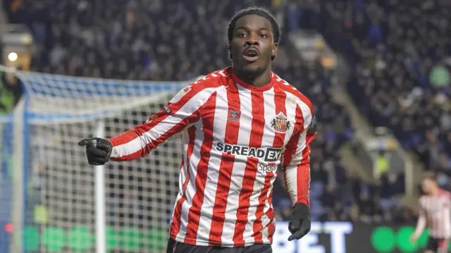 Sunderland's Eliezer Mayenda celebrating scoring against Sheffield Wednesday in February