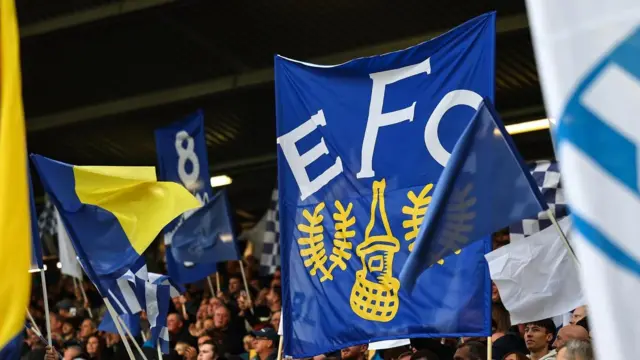 Everton fans hold up banners at Goodison Park