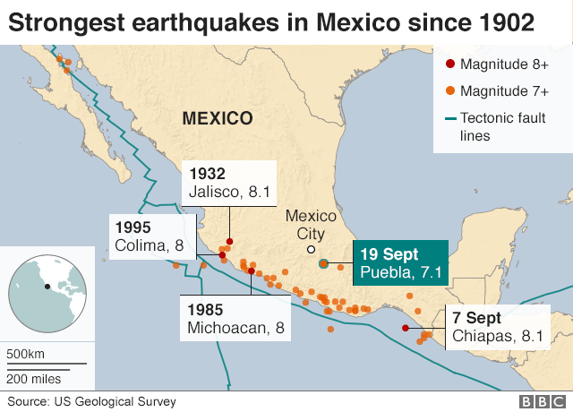 Map showing strongest earthquakes in Mexico since 1902