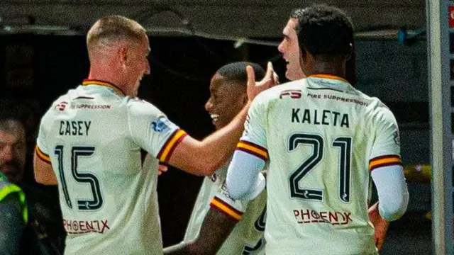 Motherwell's Tawanda Maswanhise celebrates scoring to make it 1-0 during a William Hill Premiership match between Dundee United and Motherwell at the CalForth Construction Arena at Tannadice Park