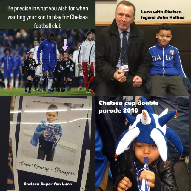 Photo of Frank's son Luca as a mascot at a Chelsea game walking onto the pitch. Alongside is a photo of the young Chelsea supporter with Chelsea legend John Hollins. 