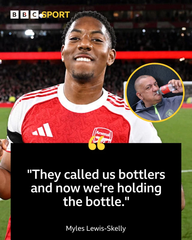 Graphic showing Myles Lewis-Skelly with the quotes, "They called us bottlers and now we're holding the bottle."