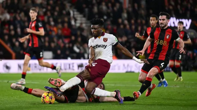 West Ham forward Mohammed Kudus is tackled by Bournemouth defender Illya Zabarnyi