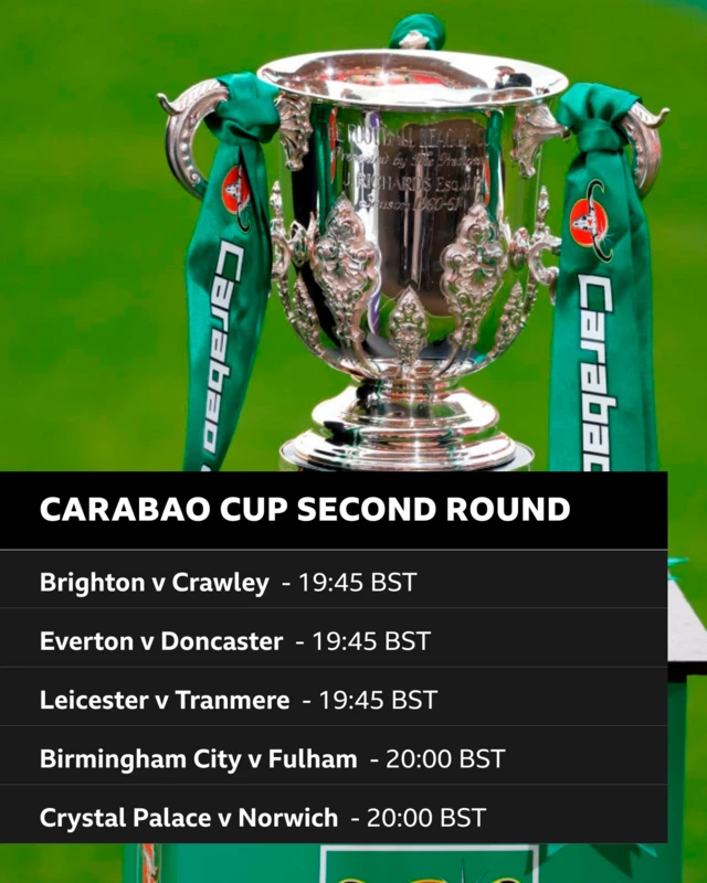 Carabao Cup second round games
Brighton v Crawley - 19:45 BST
Everton v Doncaster - 19:45 BST
Leicester v Tranmere - 19:45 BST
Birmingham v Fulham - 20:00 BST
Crystal Palace v Norwich  - 20:00 BST