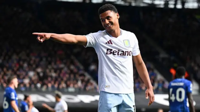 Ollie Watkins of Aston Villa celebrates scoring his team's second goal during the Premier League match between Ipswich Town FC and Aston Villa FC at Portman Road 