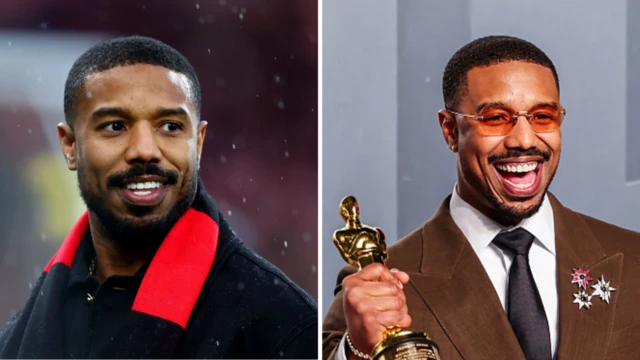 Michael B Jordan on the right wearing a Bournemouth scarf and on the right posing with his Oscar award