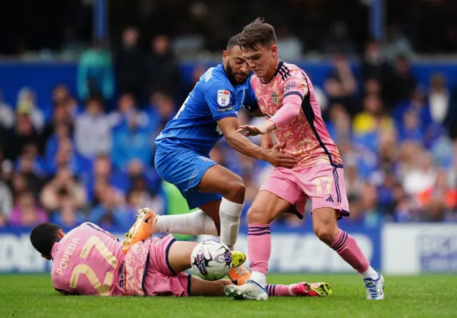 Leeds players attempt to win the ball at Birmingham City