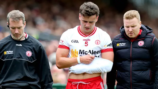 Tyrone's Michael McKernan leaves the field injured early in his counties victory over Cavan in the All-Ireland group-stages. 