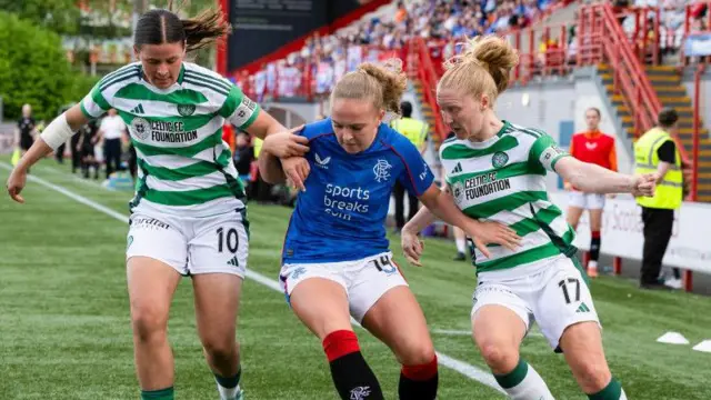Celtic's Mathilde Cartsens and Morgan Cross and Rangers Mia McAulay