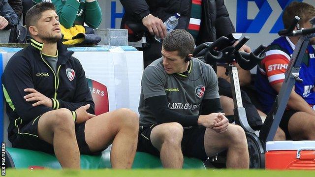 Mike Williams (left) assesses his injury after leaving the Welford Road pitch