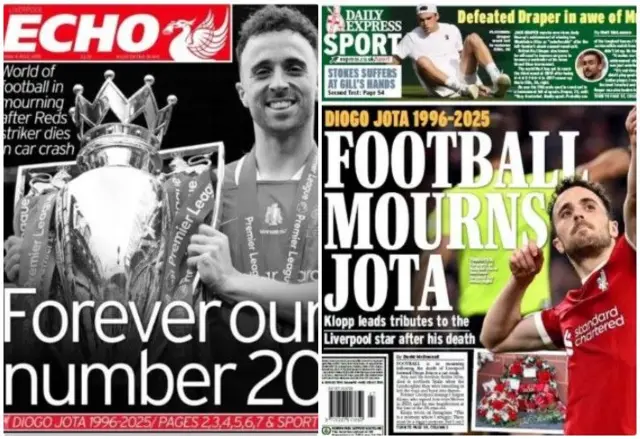 Liverpool Echo headline reads 'forever our number 20'. The Express reads 'football mourns Jota'