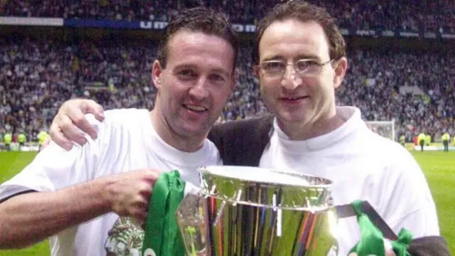 Paul Lambert and Martin O'Neill celebrate with Celtic