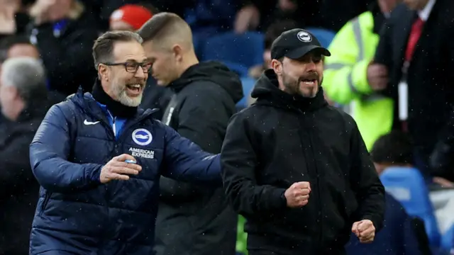 Brighton & Hove Albion manager Roberto De Zerbi celebrates after the match 