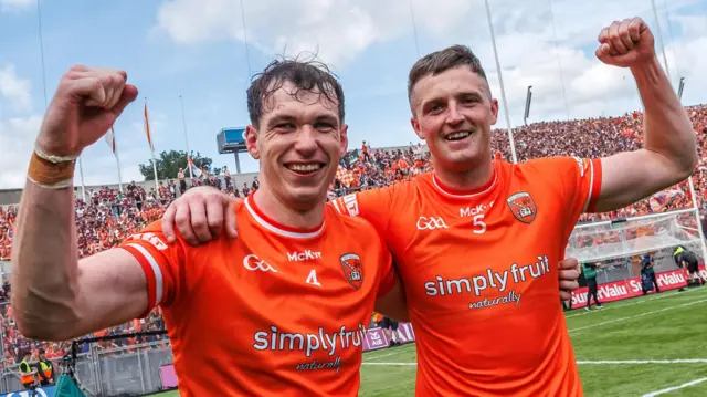 Barry McCambridge and Connaire Mackin celebrate after Armagh's All-Ireland triumph last July