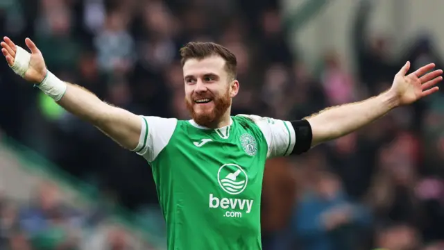 Hibernian's Nicky Cadden celebrates at fulltime during a William Hill Premiership match between Hibernian and Heart of Midlothian at Easter Road