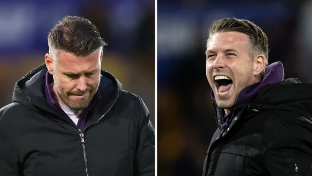 A split image of Rob Edwards looking dejected and elated