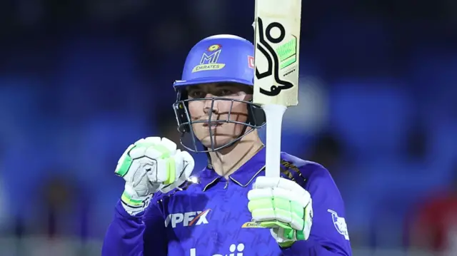 Tom Banton celebrates hitting a half-century for MI Emirates to guide them into the ILT20 final