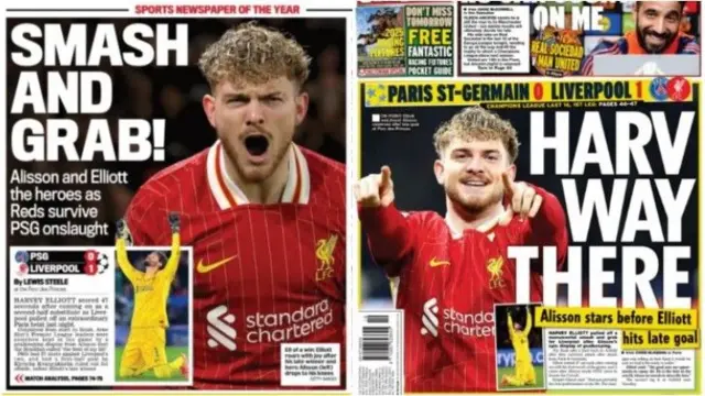 The Mail headline reads 'Smash and grab'. The Star says 'Harv way there'. Both have images of Harvey Elliott.