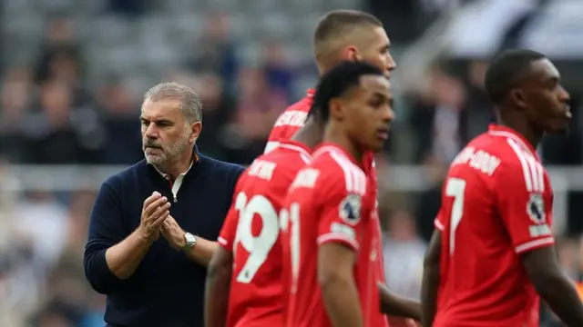 Nottingham Forest head coach Ange Postecoglou applauds the fans as his players leave the pitch