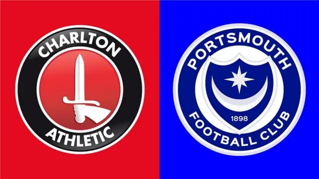 the left side is red with the charlton athletic badge on it and the right side is blue with the portsmouth badge