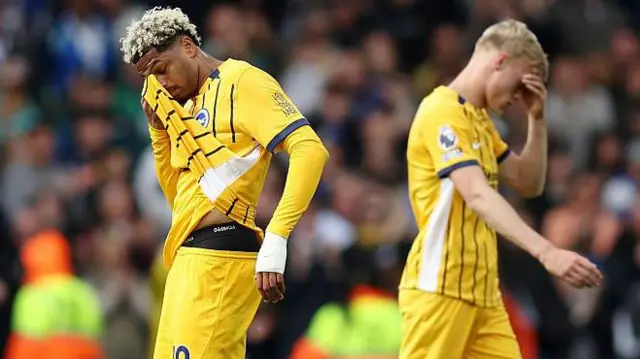 Georginio Rutter of Brighton & Hove Albion (L) look dejected after Dominic Calvert-Lewin of Leeds United (not pictured) scores his team's first goal