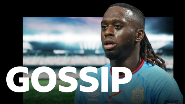 Aaron Wan-Bissaka, wearing DR Congo's light blue shirt with a red collar, picture on BBC Sport's gossip column graphic which has 'gossip' written in white letters on top of a blurred out floodlit football stadium