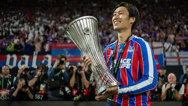 Daichi Kamada of Crystal Palace celebrates with trophy during the UEFA Conference League Final 2026 match between Crystal Palace FC v Rayo Vallecano de Madrid.