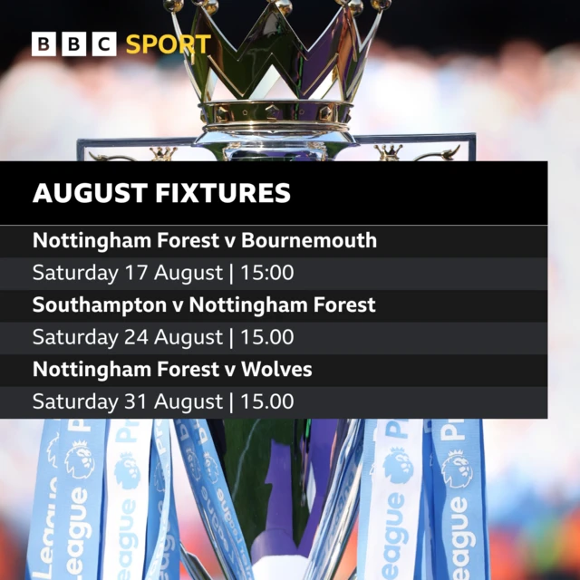 Nottingham Forest August fixtures: Nottingham Forest v Bournemouth, Southampton v Nottingham Forest, Nottingham Forest v Wolves