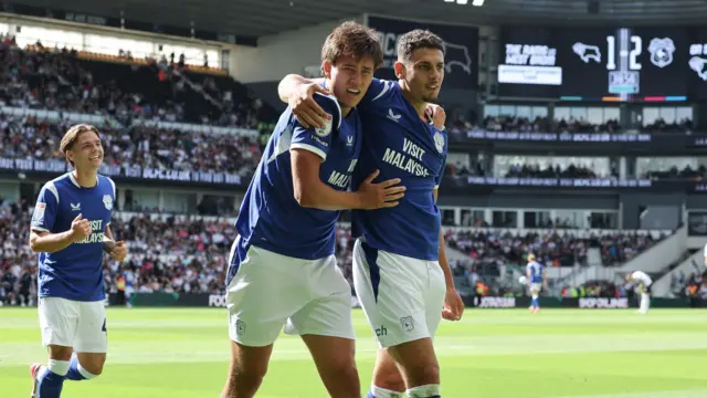 Rubin Colwill set up Yousef Salech for Cardiff's second goal at Derby County.