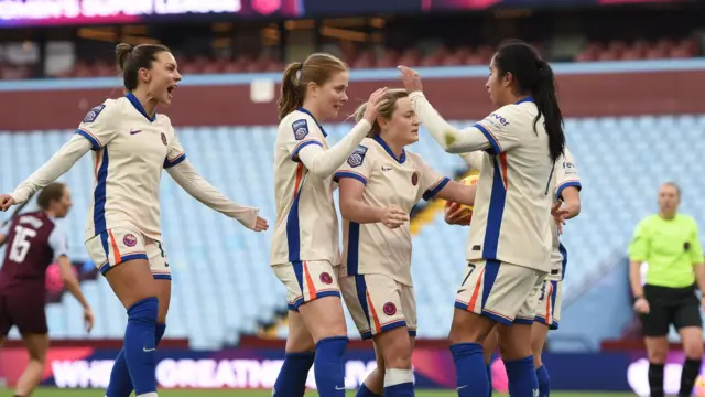 Chelsea celebrate after scoring against Aston Villa